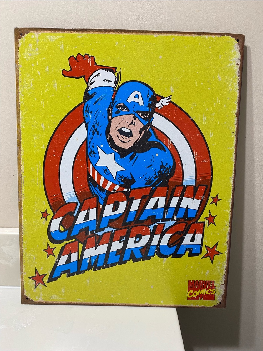 Captain America Vintage-Style Metal Sign - Yellow Background